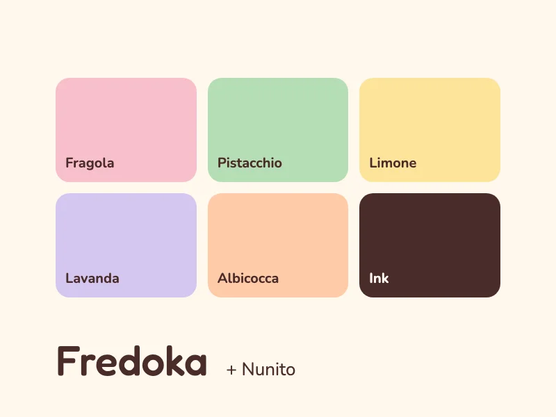 Dopo colours: six named pastel flavour colours with Fredoka and Nunito type