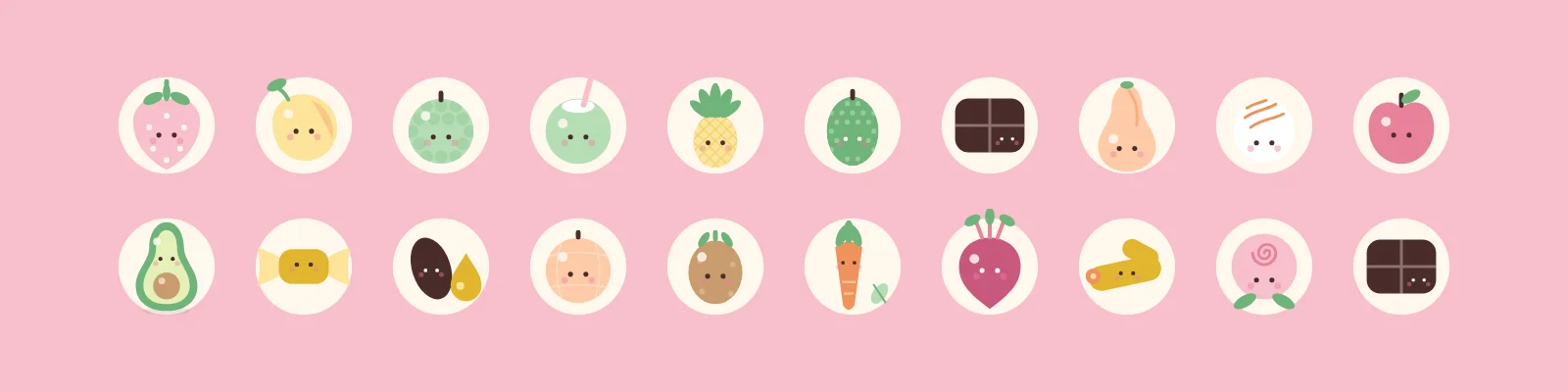 Twenty Dopo flavour characters: strawberry, mango, sithaphal, tender coconut, pineapple, jackfruit, chocolate, papaya and more, each with a small smiling face