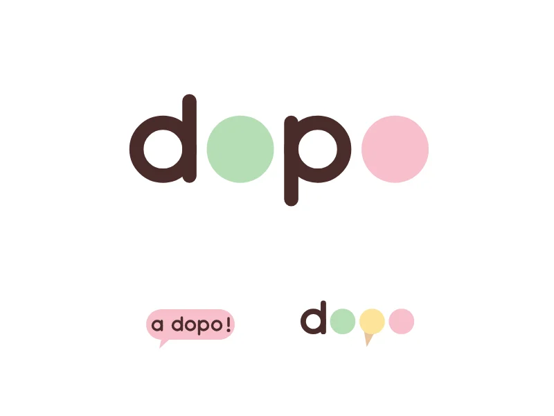 Dopo logo: the word dopo with two coloured scoops for the o's, plus a speech-bubble mark and a cone mark