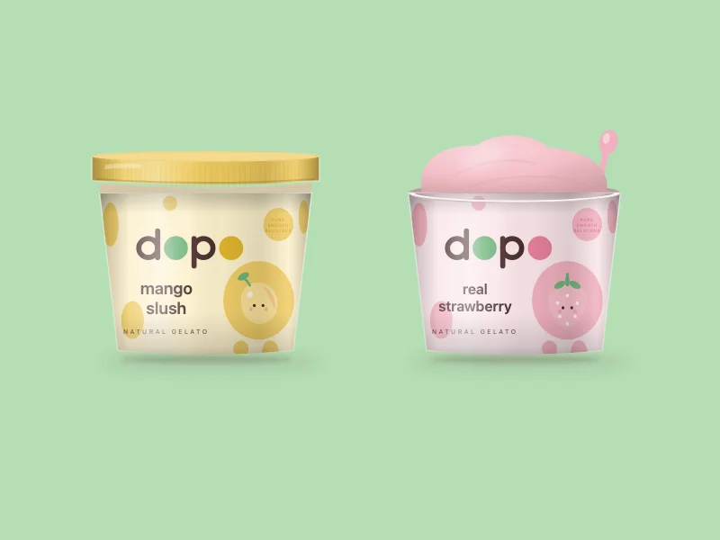 Dopo packaging: a mango slush tub and a real strawberry tub in flavour colours