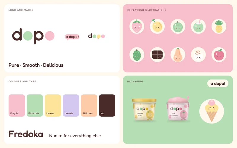Dopo Gelato brand: dopo wordmark and marks, ten of the 29 flavour illustrations, the colour palette and Fredoka type, and two printed gelato tubs