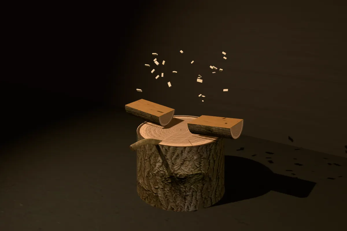 A teak log split in two on a chopping block, wood chips in the air and the axe resting in the block