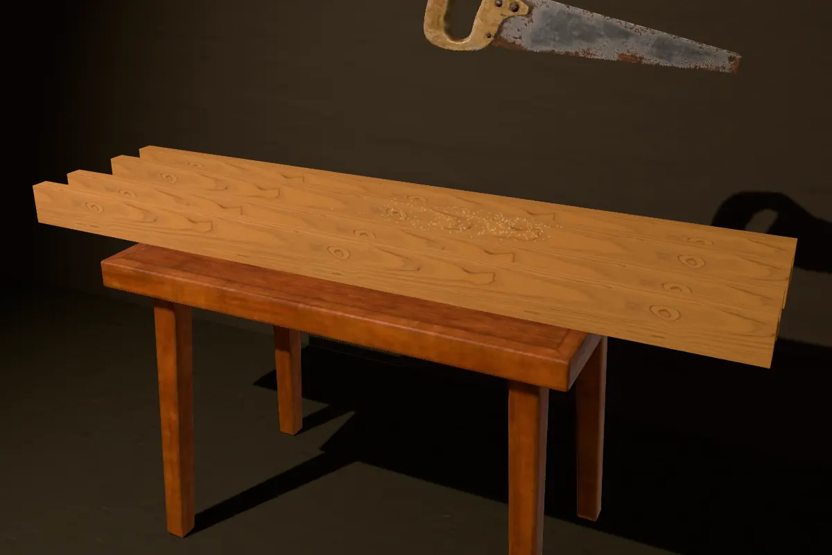 A long teak board on a workbench, sawn into four planks that have just parted, with sawdust on the bench