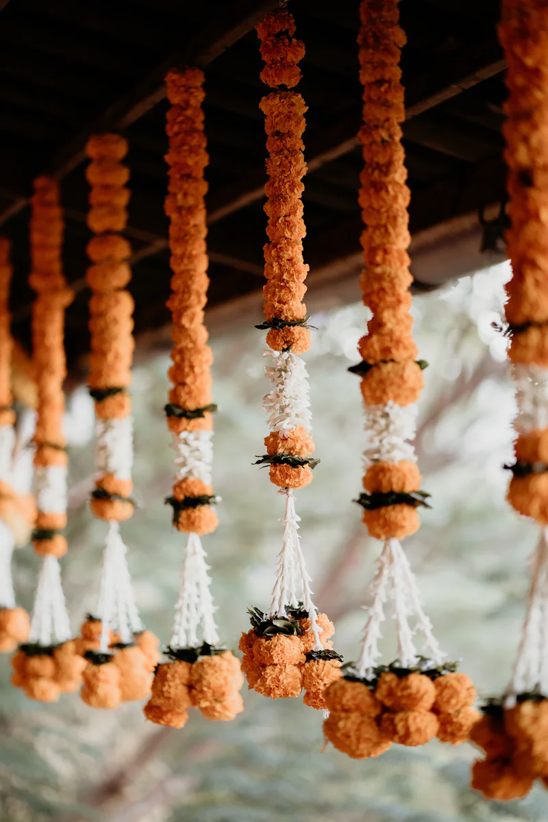 Strings of marigold and jasmine hanging at the entrance