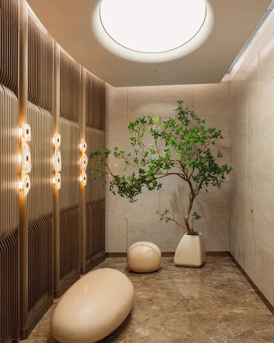 A warm, softly lit entrance hall with a small tree and smooth stone seats