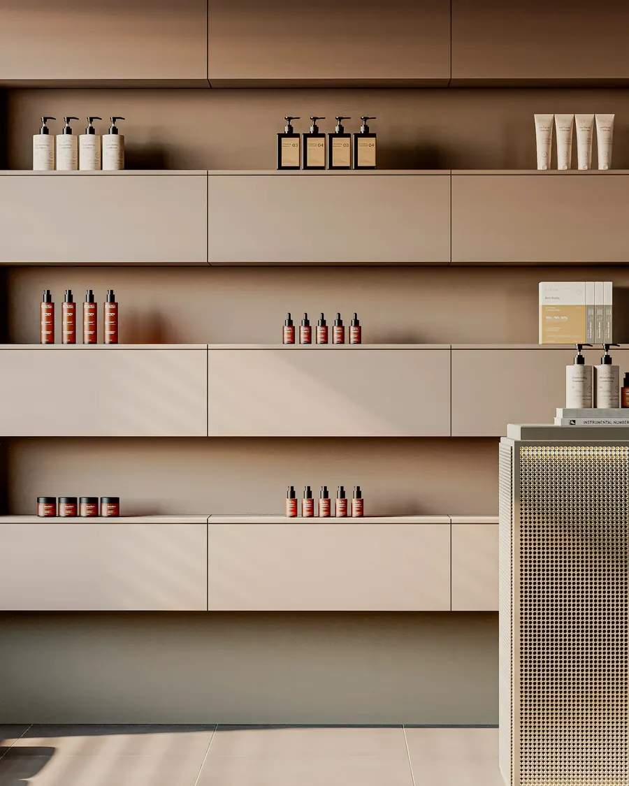 Taupe shelves with neat rows of skincare bottles